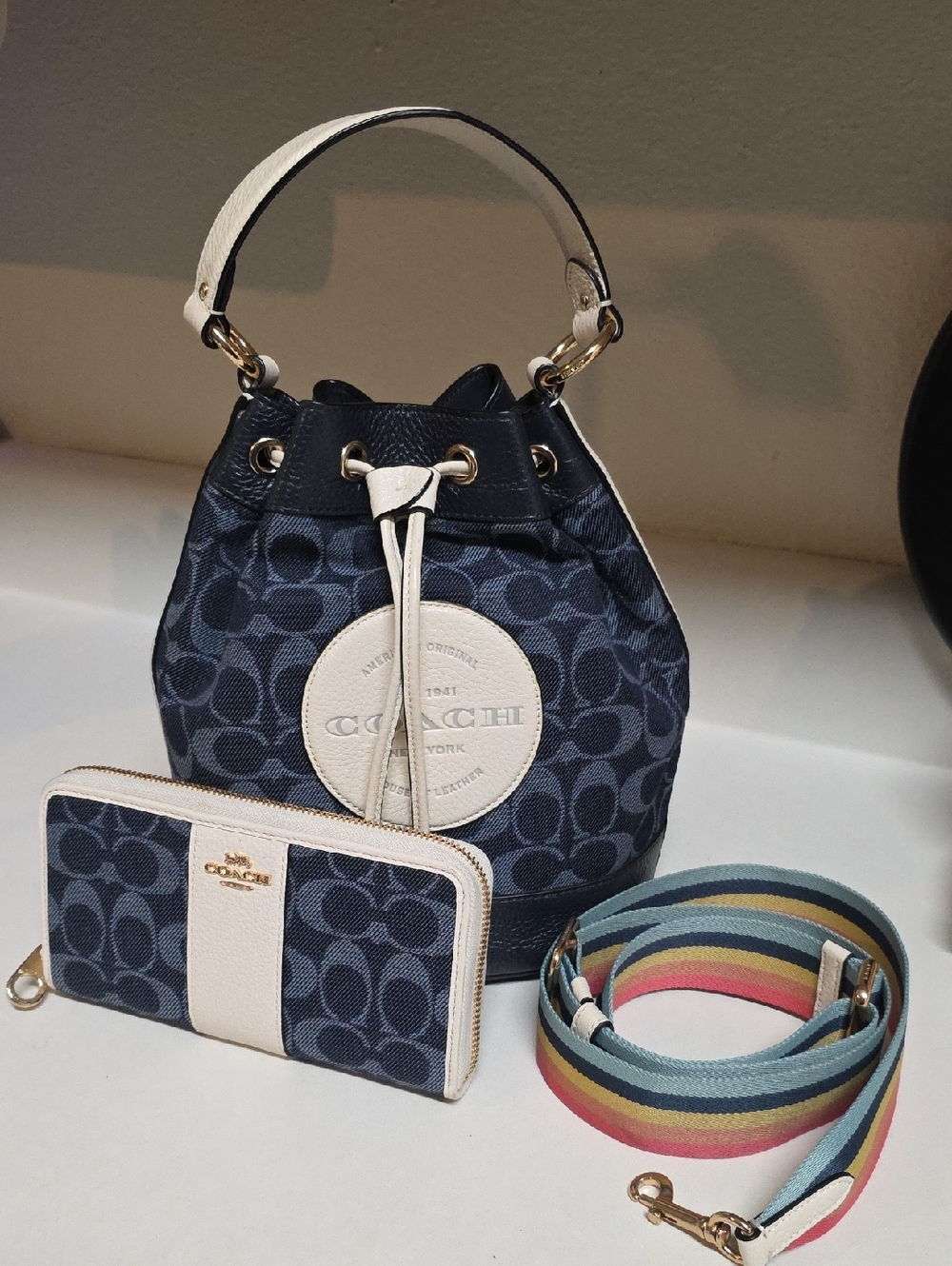 Coach Dempsey Drawstring Bucket Bag in signature denim with Wallet .